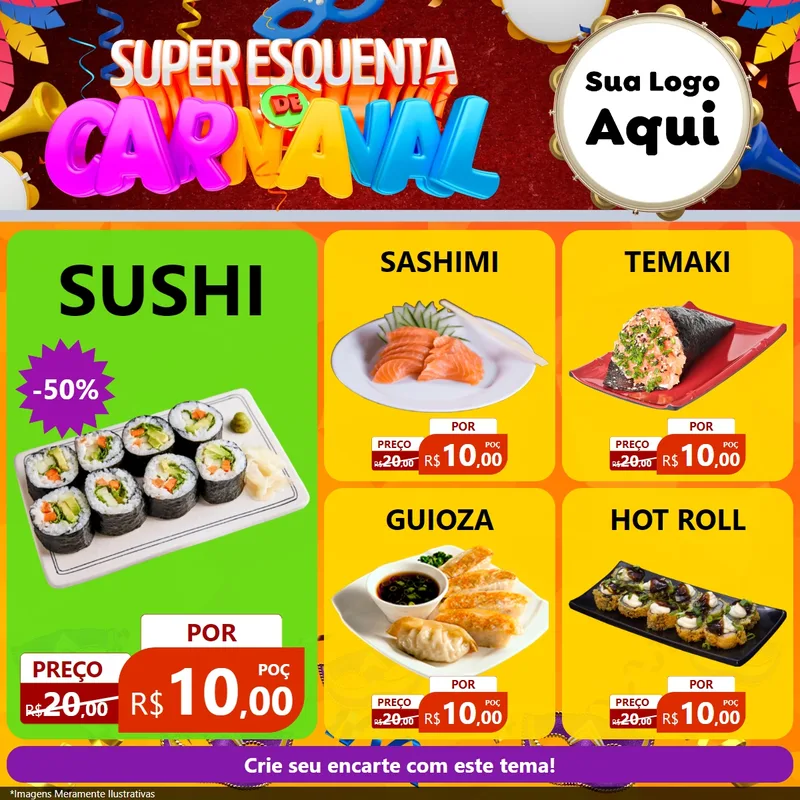 Modelo de Rede Social para Feed Facebook com o tema Super Esquenta de Carnaval para Comida japonesa
