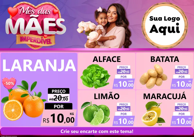 Modelo de Encarte para Encarte A4 Horizontal com o tema Mês das Mães Imperdível para Hortifrúti