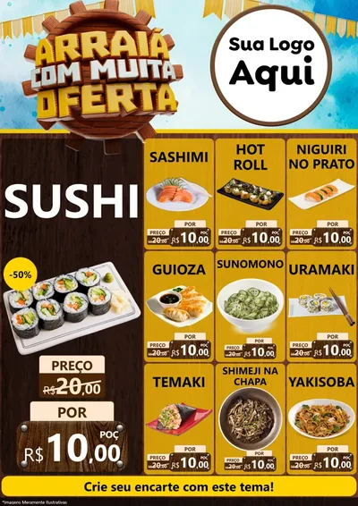 Modelo de Encarte para Encarte A4 Vertical com o tema Ofertas de São João - Junina para Comida japonesa