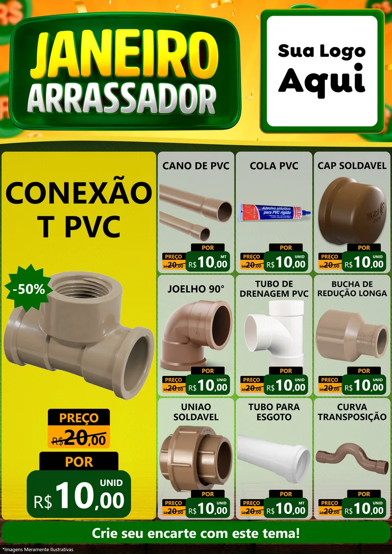 Modelo de Encarte para Encarte A4 Vertical com o tema Janeiro Arrasador para Tubos e conexões