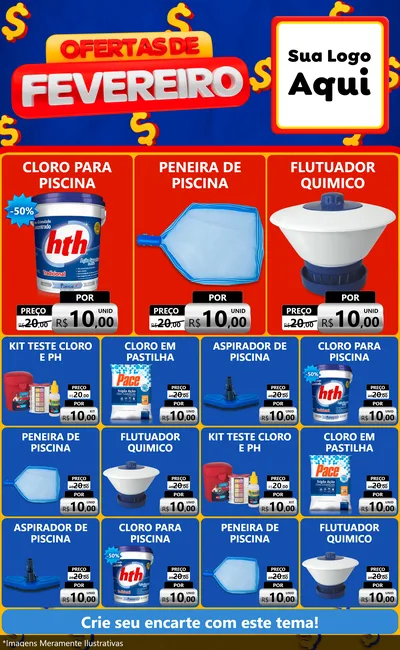 Modelo de Encarte para Encarte Grande com o tema Ofertas de Fevereiro para Produtos para Piscina