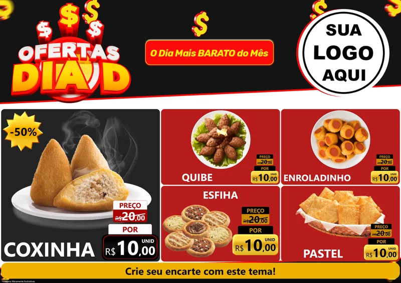 Modelo de Encarte para Encarte A4 Horizontal com o tema Ofertas Dia D para Salgadaria