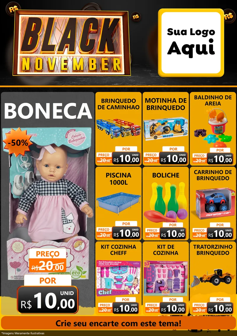 Modelo de Encarte para Encarte A4 Vertical com o tema Black November para Brinquedos