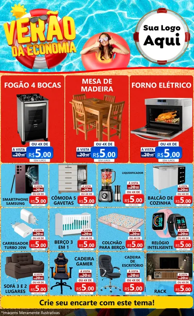 Modelo de Encarte para Encarte Grande com o tema Verão da Economia para Móveis e Eletro