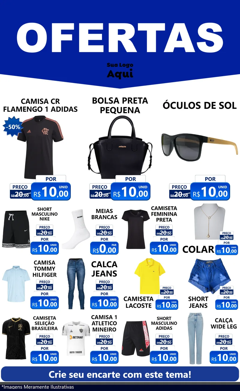 Modelo de Encarte para Encarte Grande com o tema Ofertas Azul Cartaz para Roupas e acessórios