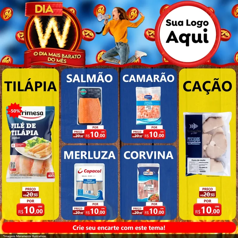 Modelo de Rede Social para Feed Facebook com o tema Dia W - O Dia Mais Barato Do Mês para Peixaria
