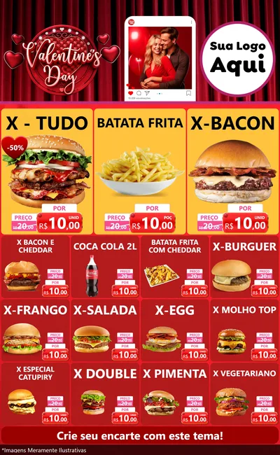 Modelo de Encarte para Encarte Grande com o tema Valentine's Day para Hamburgueria