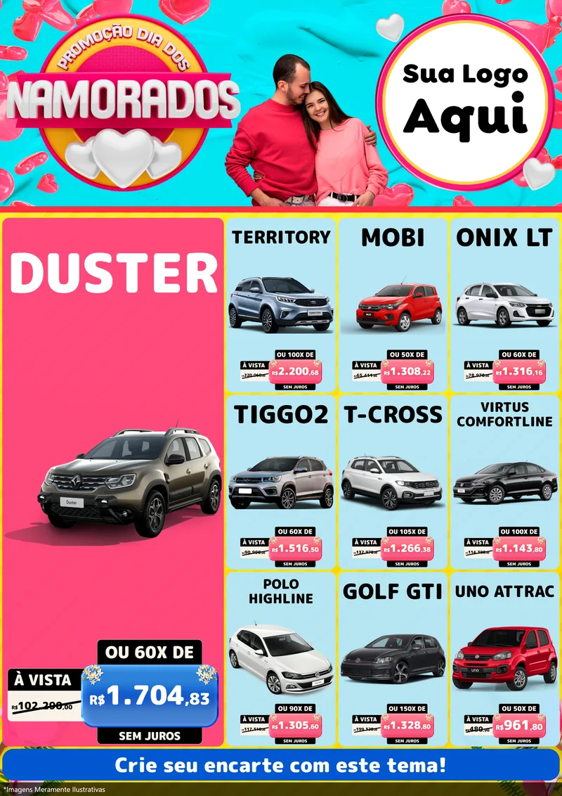 Modelo de Encarte para Encarte A4 Vertical com o tema Promoção Dia dos Namorados para Concessionaria de Carros