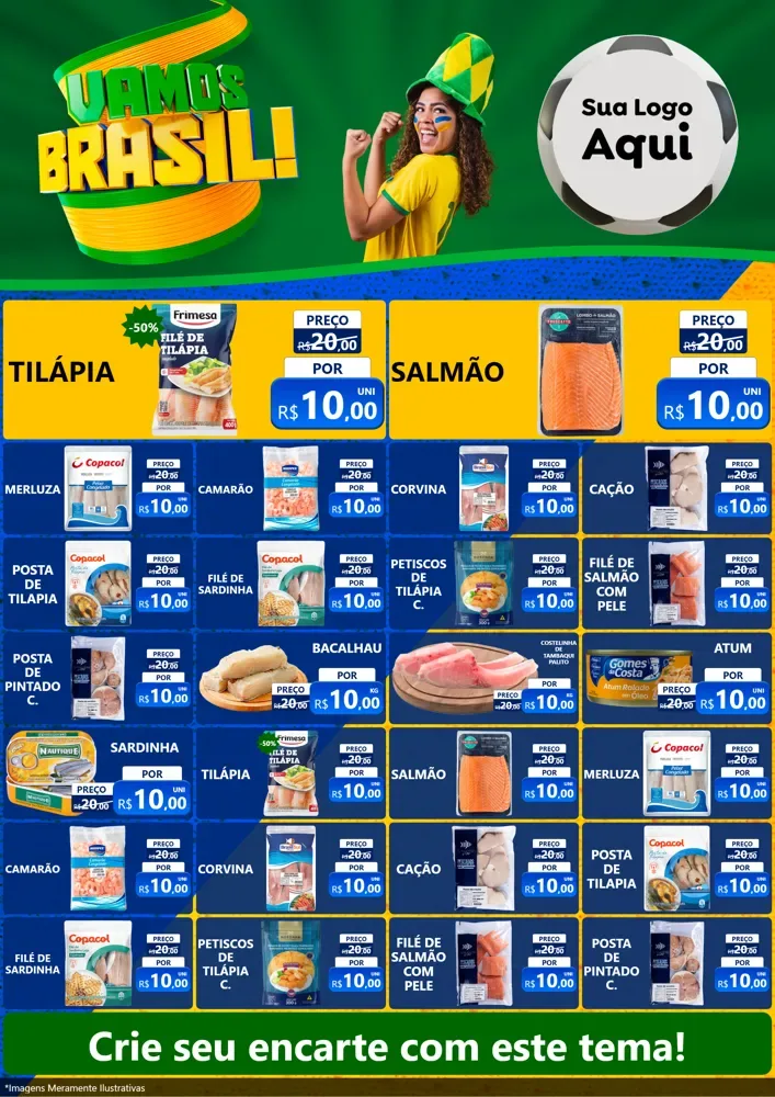 Modelo de Encarte para Encarte A4 Vertical com o tema Vamos Brasil - Copa para Peixaria