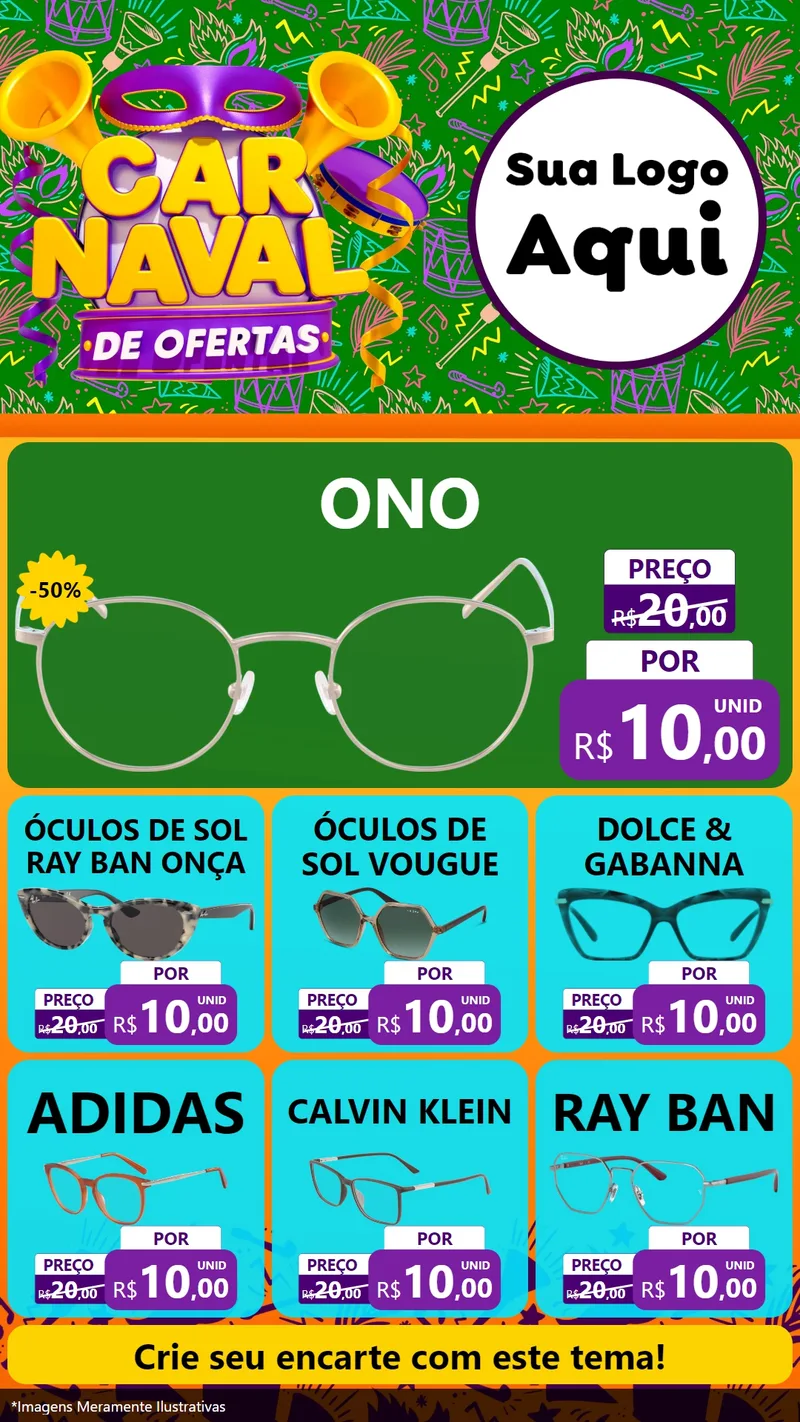 Modelo de Rede Social para Stories com o tema Carnaval de Ofertas para Óticas