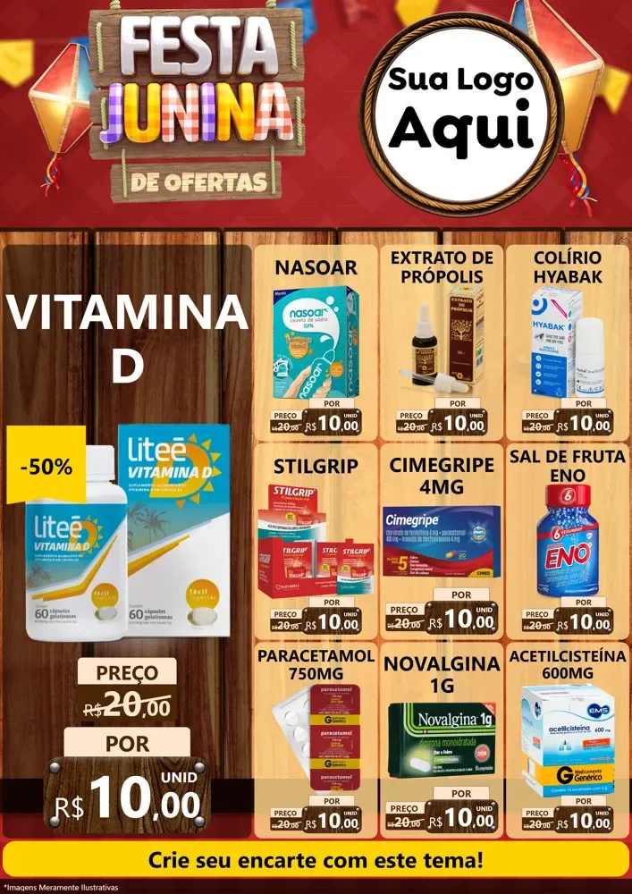 Modelo de Encarte para Encarte A4 Vertical com o tema Festa Junina de Ofertas para Farmácia