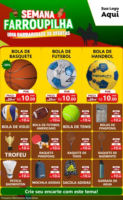 Modelo de Encarte para Encarte Grande com o tema Semana Farroupilha - Uma Barbaridade de Ofertas para Artigos Esportivos
