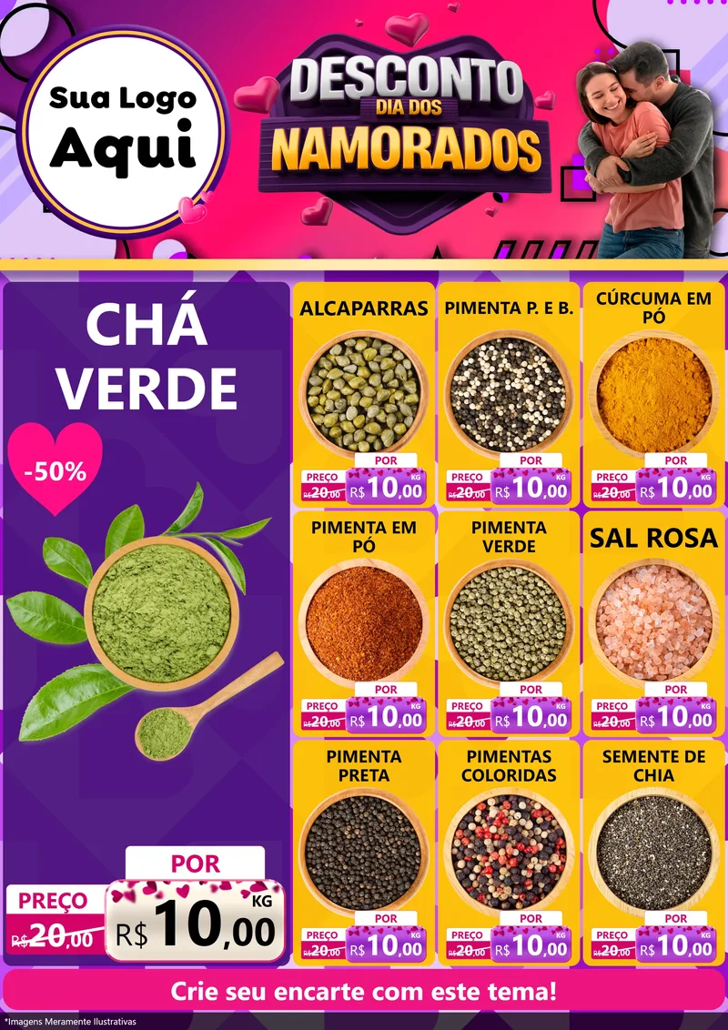 Modelo de Encarte para Encarte A4 Vertical com o tema Desconto Dia dos Namorados para Produtos Naturais