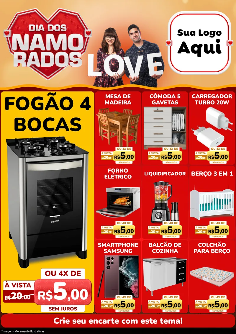 Modelo de Encarte para Encarte A4 Vertical com o tema Dia dos Namorados para Móveis e Eletro