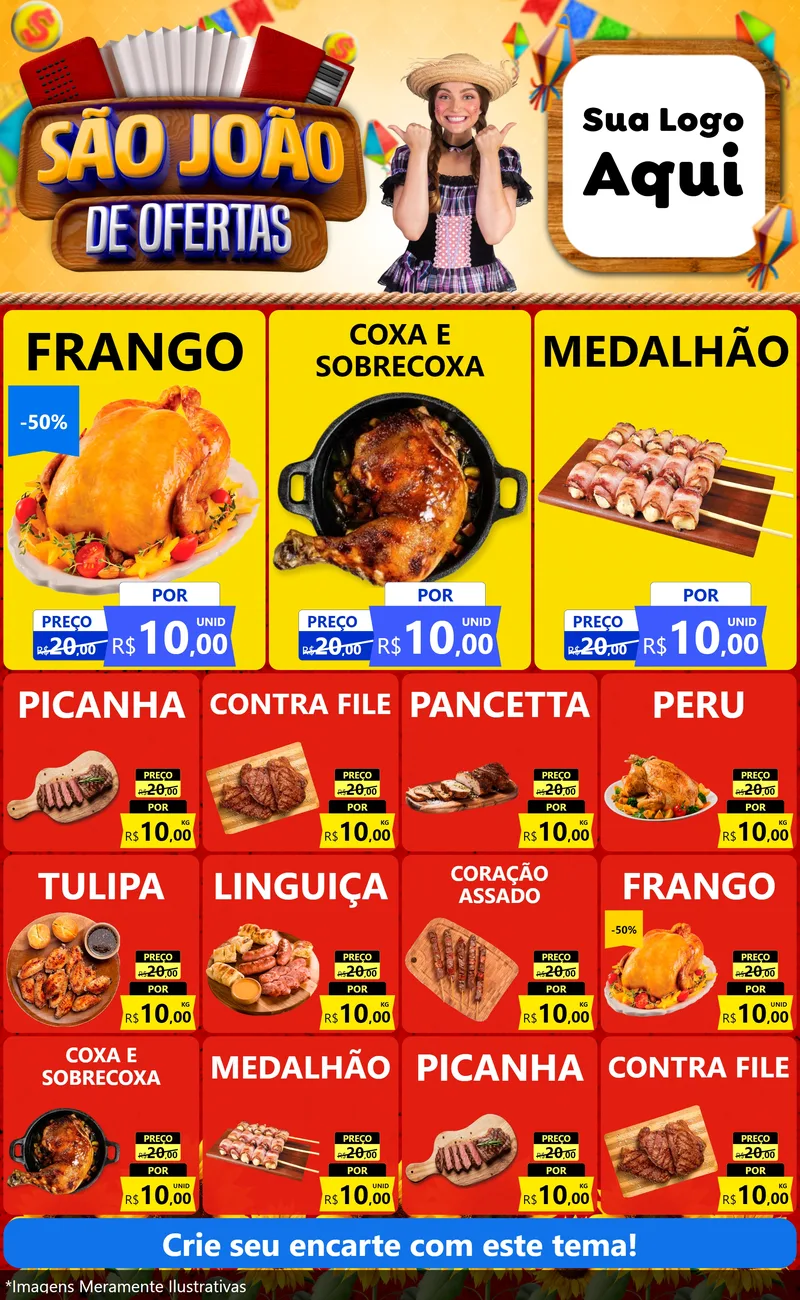 Modelo de Encarte para Encarte Grande com o tema São João de Ofertas para Assados