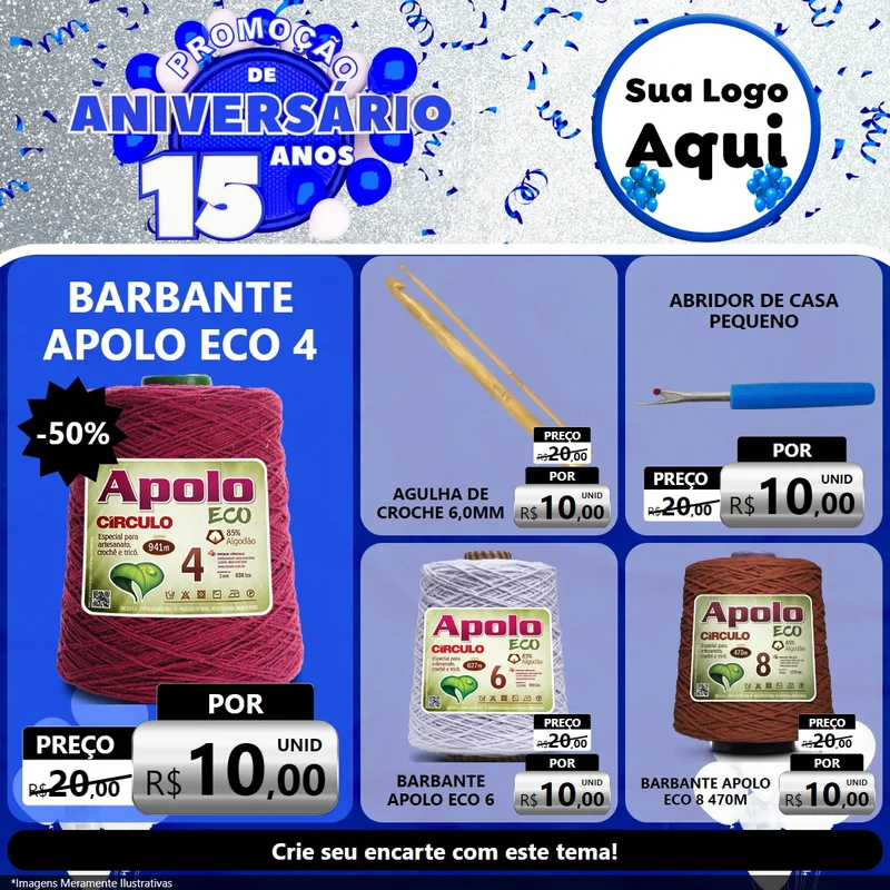 Modelo de Rede Social para Feed Facebook com o tema Promoção de Aniversário - 15 Anos para Armarinho e Aviamentos