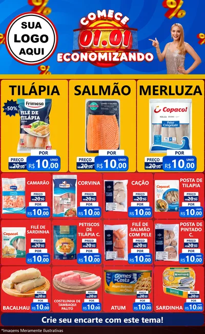 Modelo de Encarte para Encarte Grande com o tema Comece 1º de Janeiro Economizando para Peixaria