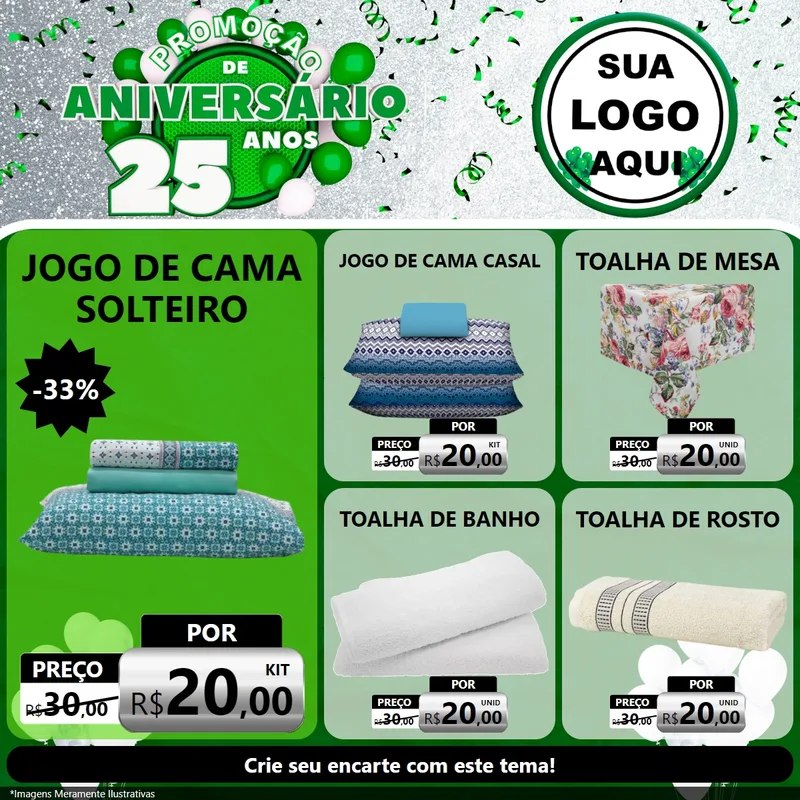 Modelo de Rede Social para Feed Facebook com o tema Promoção de Aniversário - 25 Anos para Cama, Mesa e Banho