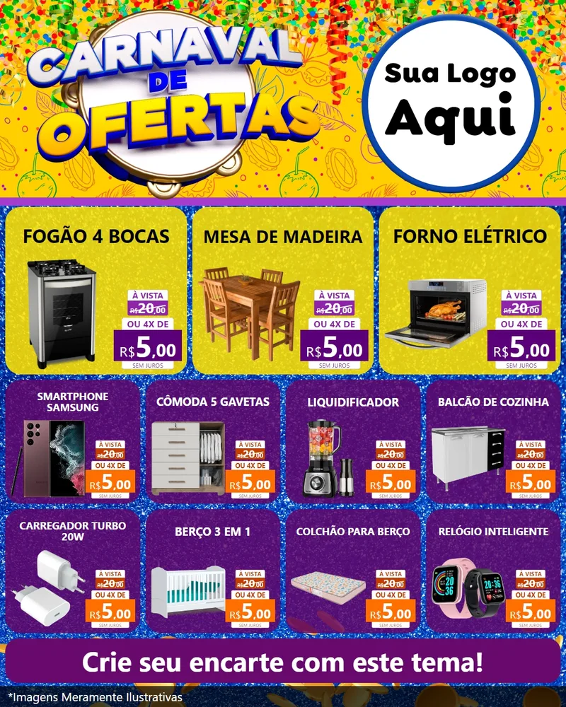 Modelo de Rede Social para Feed Instagram com o tema Carnaval de Ofertas para Móveis e Eletro