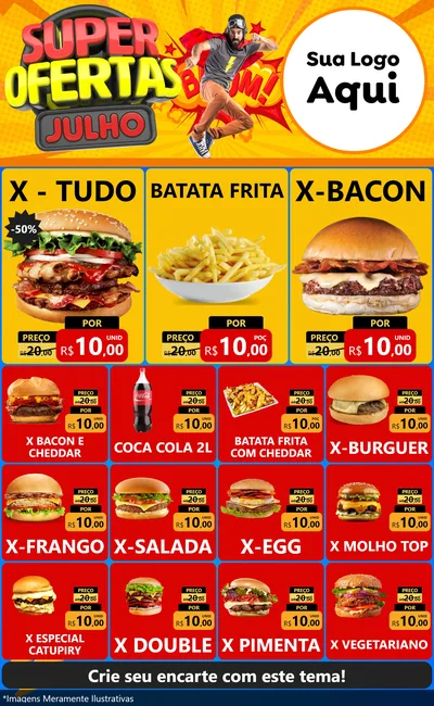 Modelo de Encarte para Encarte Grande com o tema Super Ofertas Julho para Hamburgueria