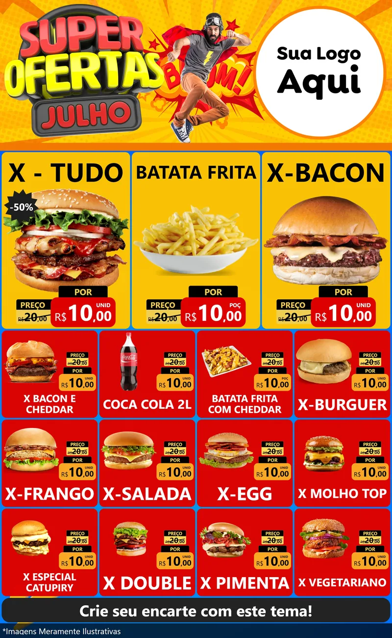 Modelo de Encarte para Encarte Grande com o tema Super Ofertas Julho para Hamburgueria