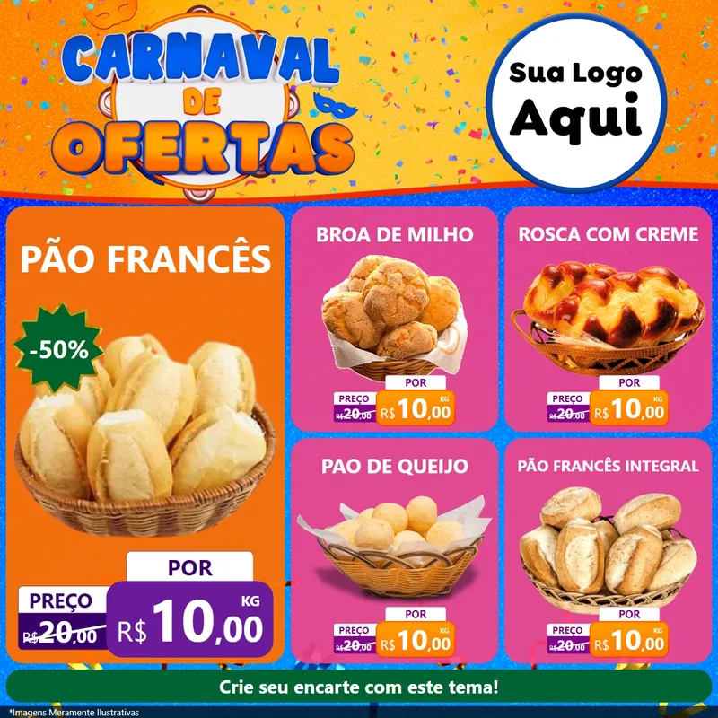 Modelo de Rede Social para Feed Facebook com o tema Carnaval de Ofertas para Padaria