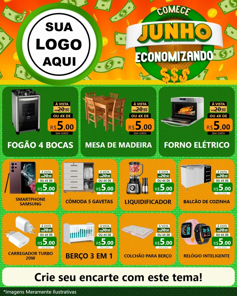 Modelo de Rede Social para Feed Instagram com o tema Comece Junho Economizando para Móveis e Eletro