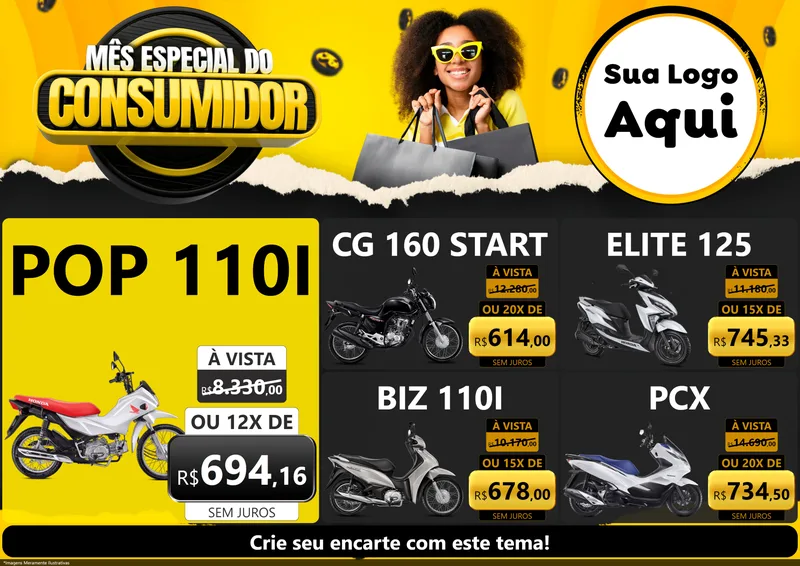 Modelo de Encarte para Encarte A4 Horizontal com o tema Mês Especial do Consumidor para Concessionaria de Motos