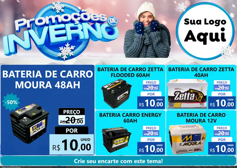 Modelo de Encarte para Encarte A4 Horizontal com o tema Promoções de Inverno para Baterias Elétricas