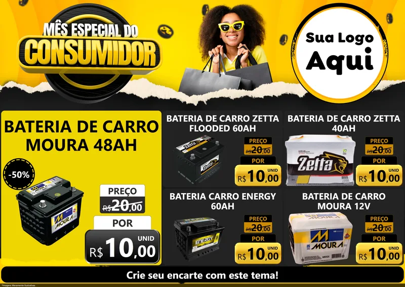 Modelo de Encarte para Encarte A4 Horizontal com o tema Mês Especial do Consumidor para Baterias Elétricas