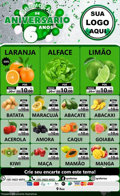 Modelo de Encarte para Encarte Grande com o tema Promoção de Aniversário - 6 Anos para Hortifrúti