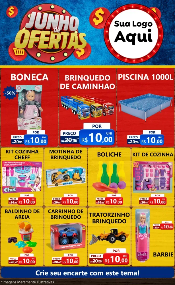 Modelo de Encarte para Encarte Grande com o tema Junho de Ofertas para Brinquedos