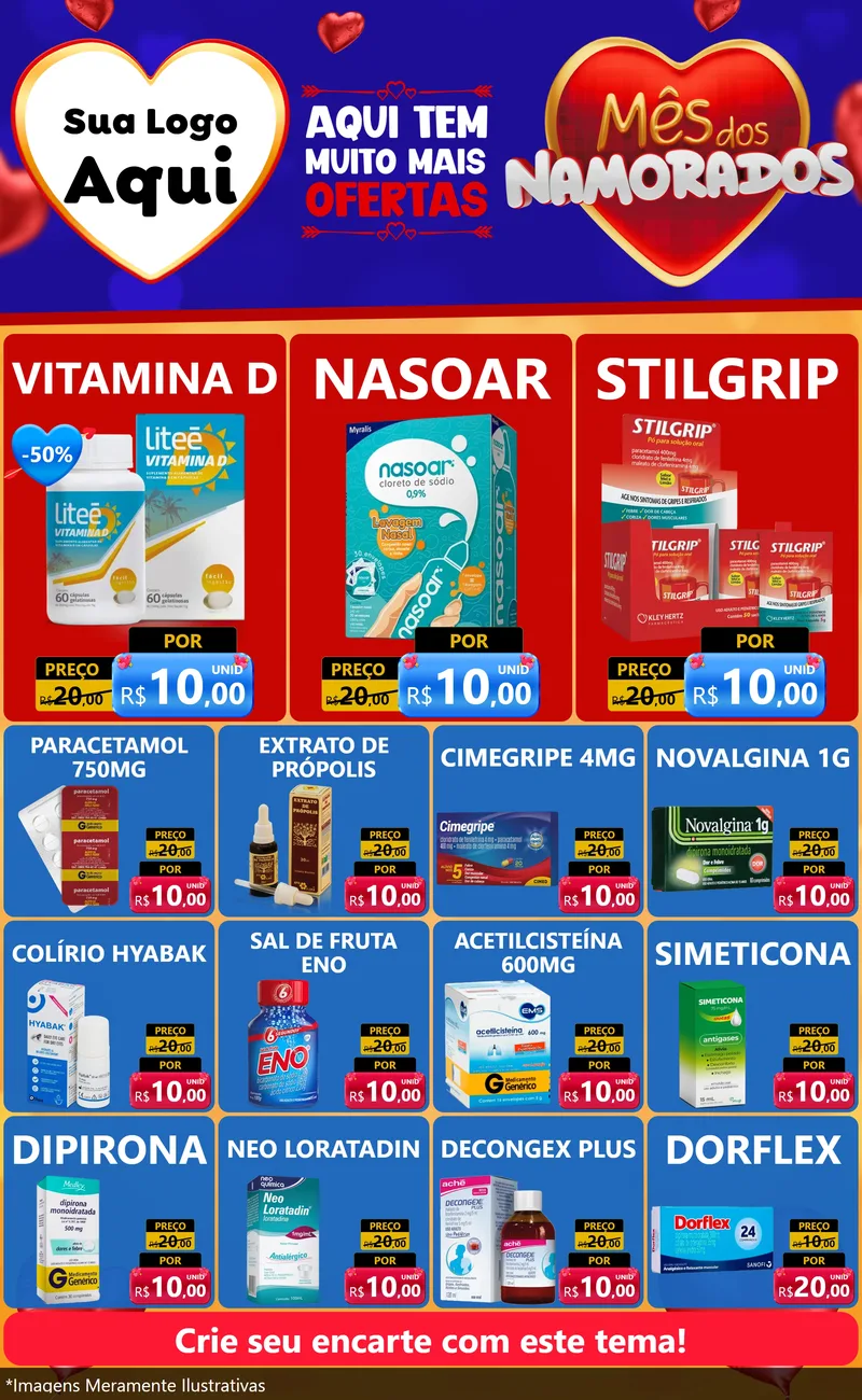 Modelo de Encarte para Encarte Grande com o tema Mês dos Namorados para Farmácia