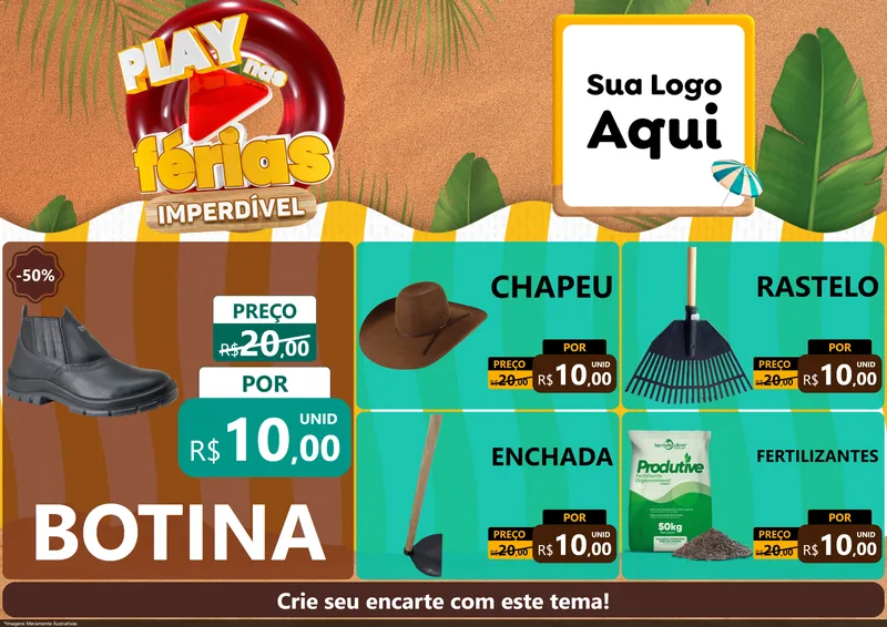 Modelo de Encarte para Encarte A4 Horizontal com o tema Play Nas Férias Imperdível para Agropecuária