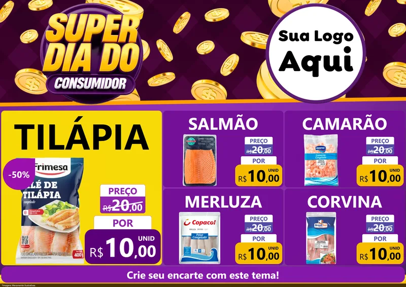 Modelo de Encarte para Encarte A4 Horizontal com o tema Super Dia do Consumidor para Peixaria