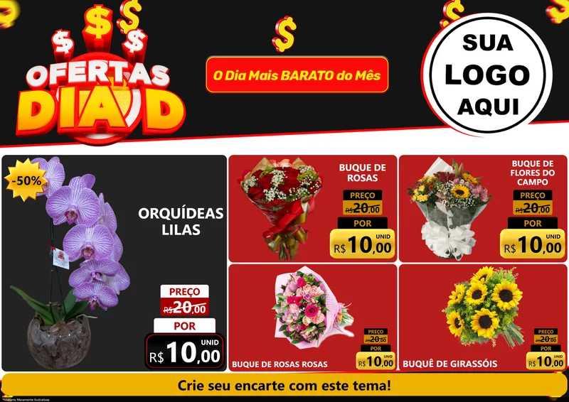Modelo de Encarte para Encarte A4 Horizontal com o tema Ofertas Dia D para Floricultura e jardim
