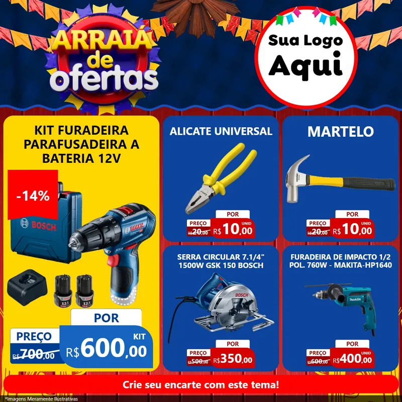 Modelo de Rede Social para Feed Facebook com o tema Arraiá de Ofertas para Maquinas e Ferramentas