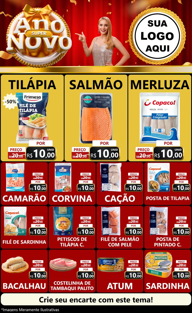 Modelo de Encarte para Encarte Grande com o tema Super Ano Novo para Peixaria