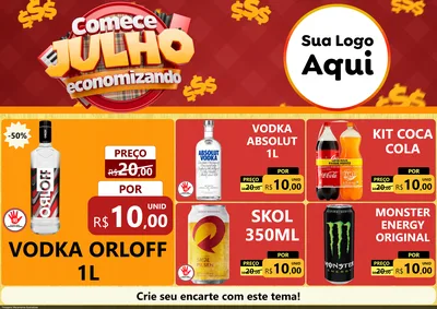 Modelo de Encarte para Encarte A4 Horizontal com o tema Comece Julho Economizando para Distribuidora de bebidas