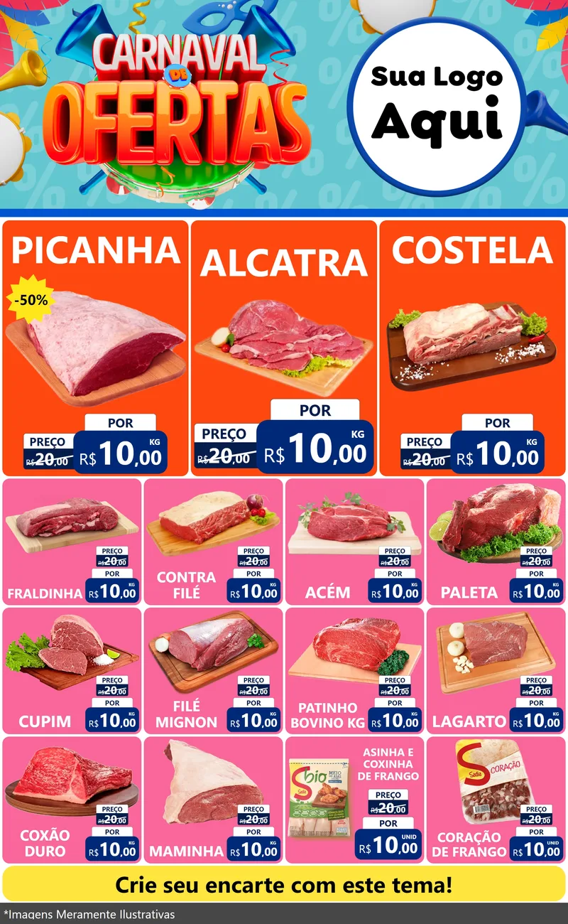 Modelo de Encarte para Encarte Grande com o tema Carnaval de Ofertas para Açougue