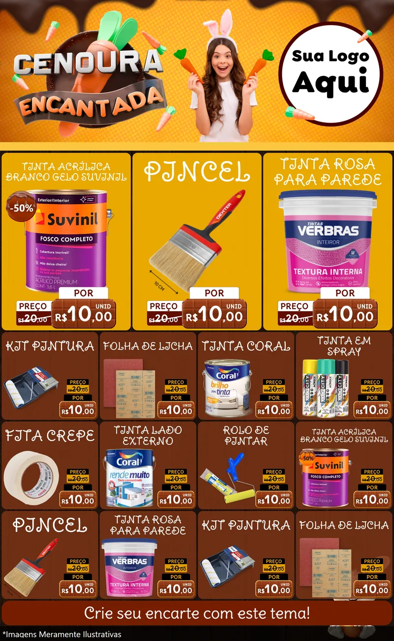 Modelo de Encarte para Encarte Grande com o tema Cenoura Encantada - Páscoa para Tintas e Ferramentas