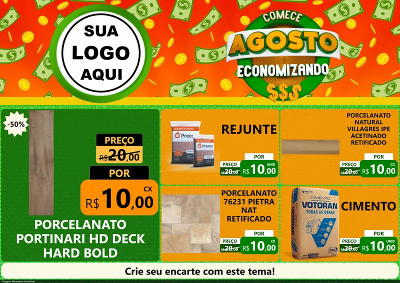 Modelo de Encarte para Encarte A4 Horizontal com o tema Comece Agosto Economizando para Pisos e revestimentos