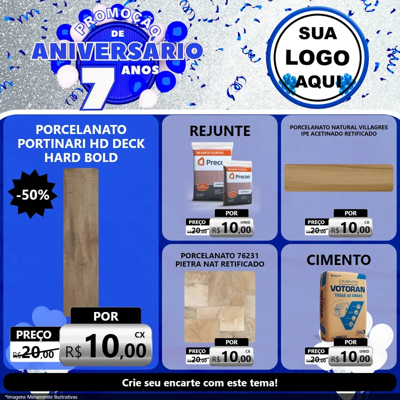 Modelo de Rede Social para Feed Facebook com o tema Promoção de Aniversário - 7 Anos para Pisos e revestimentos