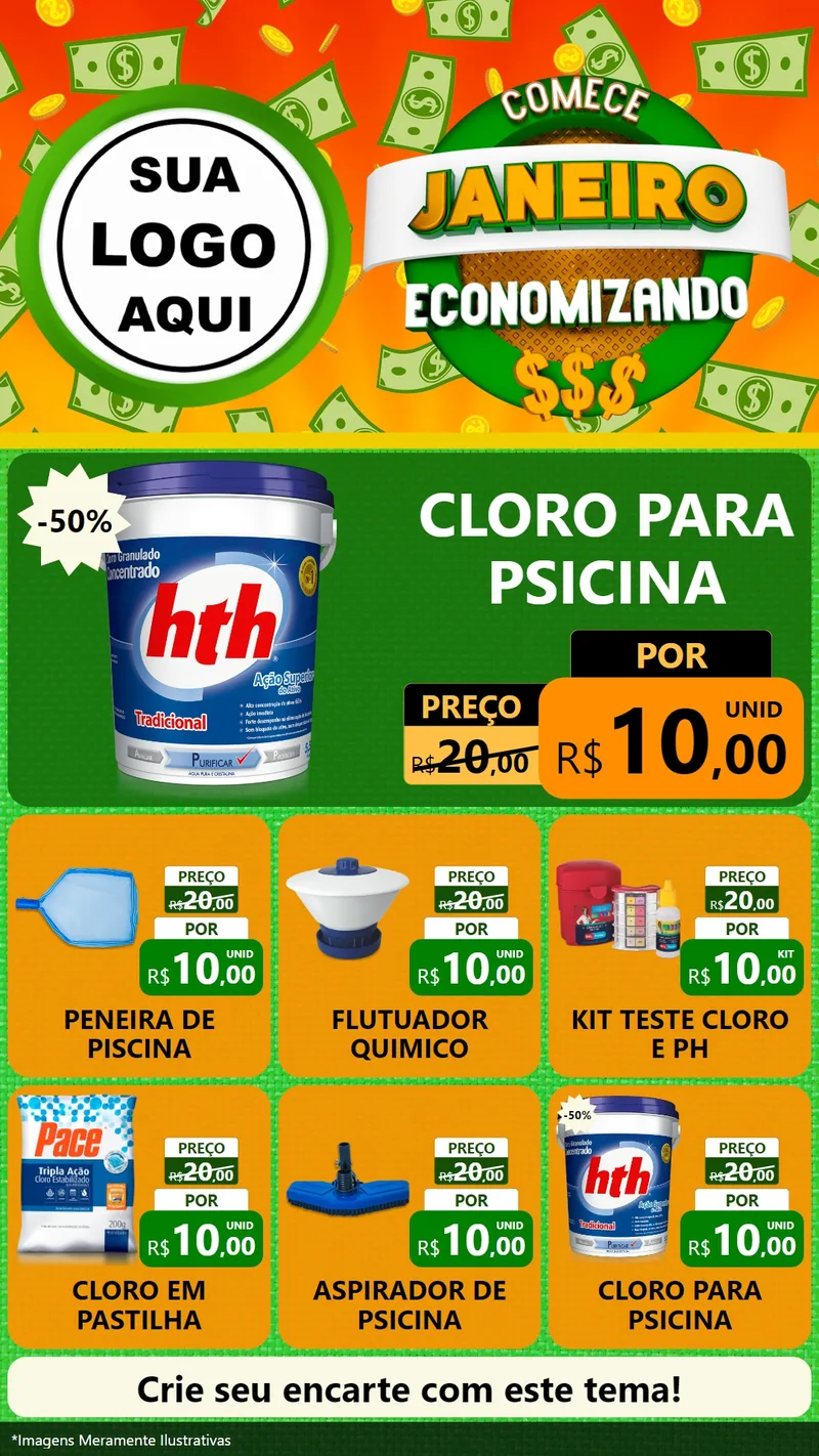 Modelo de Rede Social para Stories com o tema Comece Janeiro Economizando para Produtos para Piscina