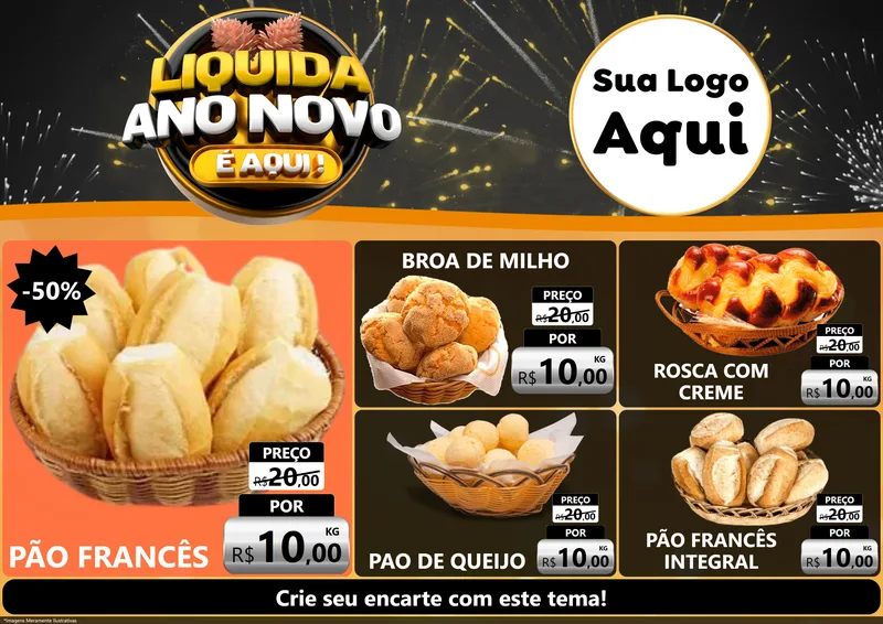 Modelo de Encarte para Encarte A4 Horizontal com o tema Liquida Ano Novo É Aqui! para Padaria