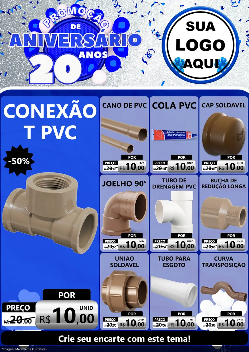 Modelo de Encarte para Encarte A4 Vertical com o tema Promoção de Aniversário - 20 Anos para Tubos e conexões