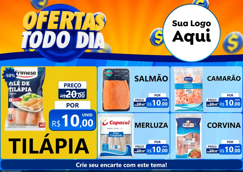 Modelo de Encarte para Encarte A4 Horizontal com o tema Ofertas Todo Dia para Peixaria