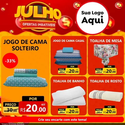 Modelo de Rede Social para Feed Facebook com o tema Julho Ofertas Imbatíveis para Cama, Mesa e Banho