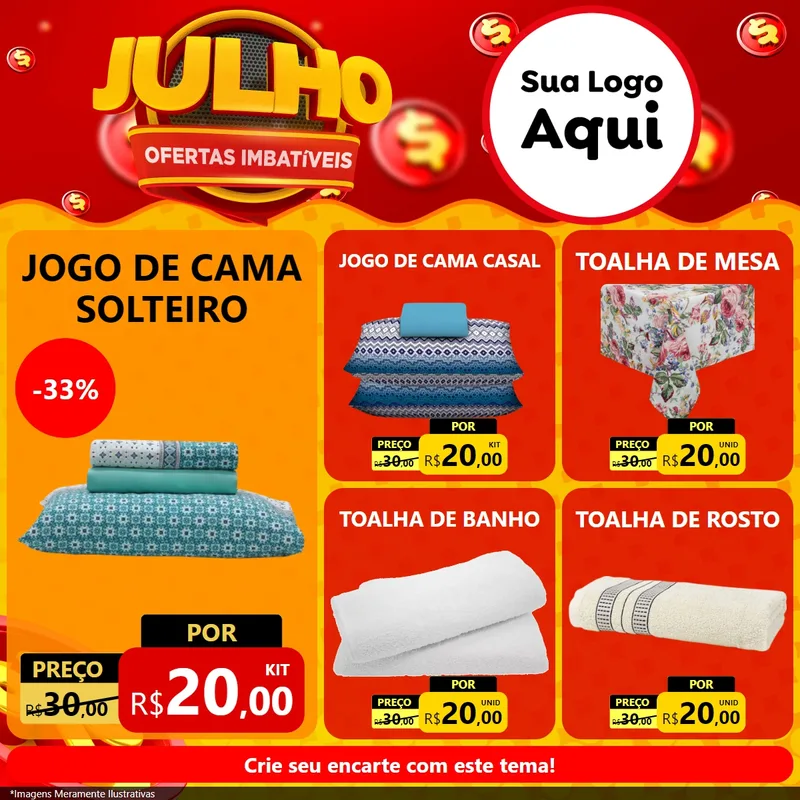 Modelo de Rede Social para Feed Facebook com o tema Julho Ofertas Imbatíveis para Cama, Mesa e Banho