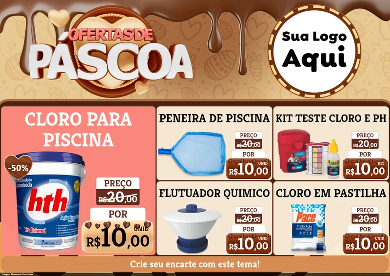 Modelo de Encarte para Encarte A4 Horizontal com o tema Ofertas de Páscoa para Produtos para Piscina